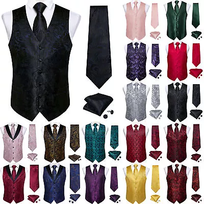 Men‘s Black Waistcoat Floral Classic Silk Vest Necktie Hanky Cufflinks Set 3XL • $20.99