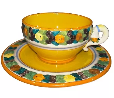 Vintage 50s Italian Majolica Pottery Set Of 9 Cup And Saucer Yellow Della Robbia • $85