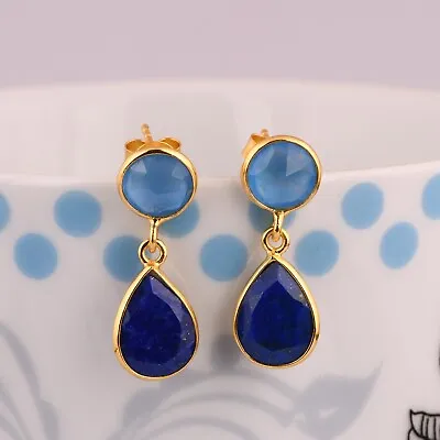 Lapis Lazuli Blue Chalcedony Gemstone Gold Plated 925 Silver Dangle Earrings • $20.61