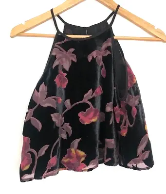 Forever 21 Black Floral Velvet Halter Crop Top Size S Fully Lined Keyhole Back • $8