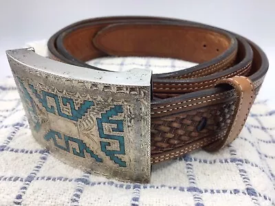 Hecho Mexico Guadalajara Sterling Turquoise Buckle On Vogt Leather Size 46 Belt • $225