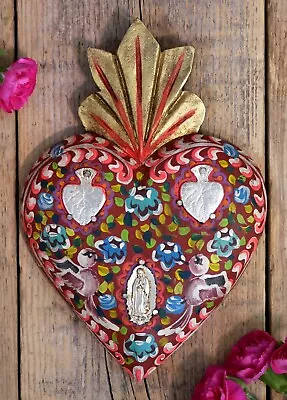 Heart 3 Milagros Sacred Hearts & Guadalupe Hand Painted Wood Mexican Folk Art • $38