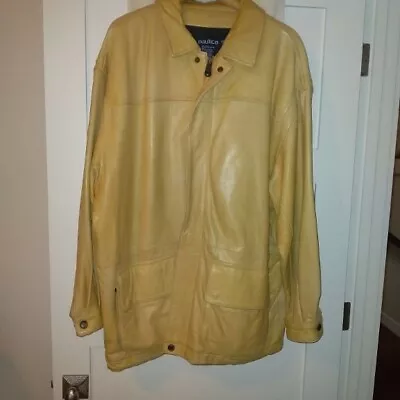 Nautica Mens Leather Jacket Pale Yellow With Removable Wool Inner Vest Size 46 • $90