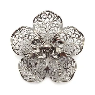 Vintage Silver Tone Smooth / Textured Openwork Flower Brooch 1.93 Inch • $18