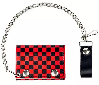 RED & BLACK CHECKERED  TRIFOLD BIKER WALLET W CHAIN Mens LEATHER #579 NEW Flag • $14.30