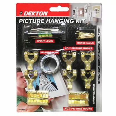 Picture Hanging Kit Strong Wall Photos Frame Mirror Brass Hooks Nails Line Level • £3.29