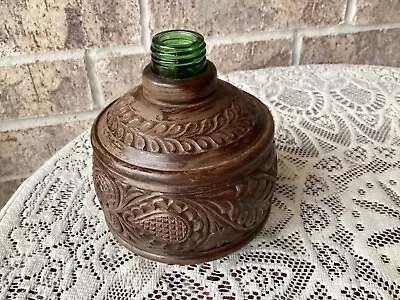 VINTAGE Hand Carved Wood Encased Glass Liquor Decanter Bottle No Lid Hungary • $29.99