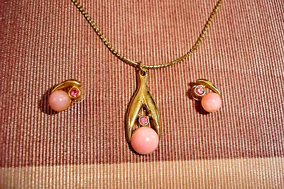 Vintage SARAH COVENTRY Pink Cabochon & Rhinestone Necklace & Pierce Earrings SET • $11.99