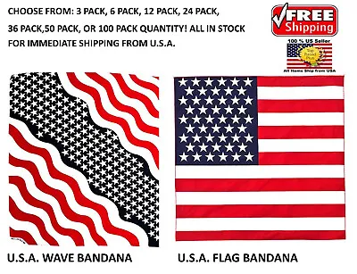 3/6/12/24/36/50/100  Pack USA America Wavy Flag 100% Cotton Bandana 22 X22  • $32.95