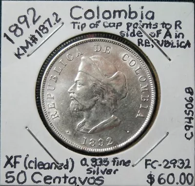 1892 Colombia 50 Centavos Christopher Columbus (0.835 Fine Silver) XF • $44.99