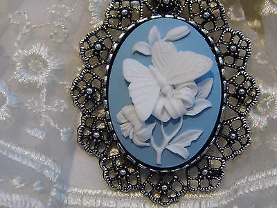 SLVR Vintage Style BLUE Butterfly Wedding Bouquet Garter NECKLACE Cameo BROOCH • $13.49