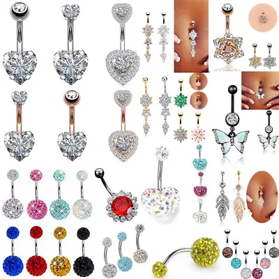 Navel Belly Button Rings Crystal Flower Dangle Bar Barbell Body Piercing Jewelry • $1.17