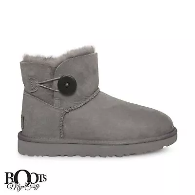 Ugg Mini Bailey Button Ii Grey Sheepskin Suede Women's Boots Size Us 11/uk 9 New • $94.99