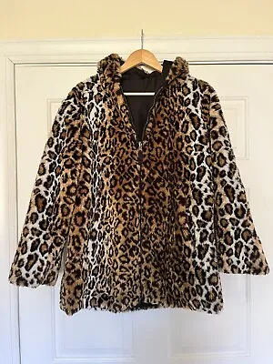 $49.99 • Buy Vintage 90s White Stag Leopard Cheetah Print Faux Fur Hooded Coat Small 4/6