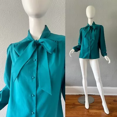 Vintage 70s Teal Bow Button Long Sleeve Secretary Blouse Top M • $24