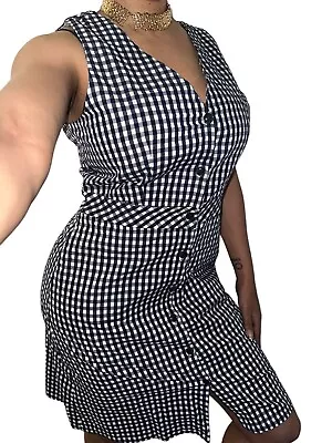 J CREW Womens Navy Blue Gingham Check Cotton Sleeveless Button Preppy Dress Sz 8 • £18.32