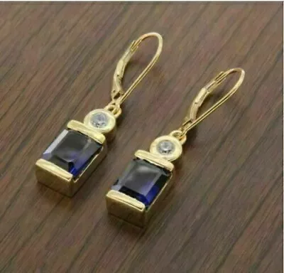 3Ct Emerald Cut Blue Sapphire Drop Dangle Earring 14K Yellow Gold Fn Lab Created • $66.40