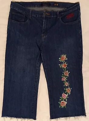 Ed Hardy Cutoff Blue Jeans Size 19/20 Flowers Skull Lightning Embroidery • $27.99