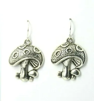Mushroom Earrings Hippie Wild Nature 925 Sterling Silver Hooks Pewter Charms • $7.24