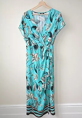 Turquoise+Multi Leaf Print V-Neck Wrap Stripe Border Midi/Maxi Dress Size 10-12 • £12