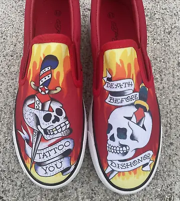 ED HARDY No Lace Tattoo You SKULL FIRE Sneakers Womens Sz 9 BRAND NEW ❤️blt11j5 • $75