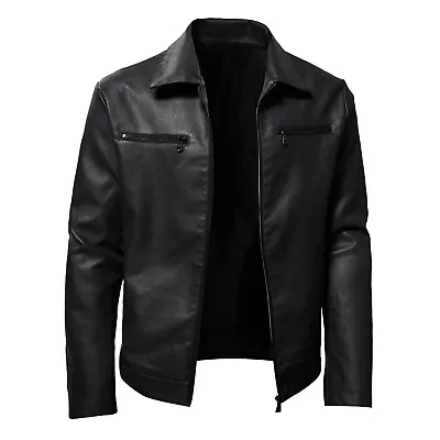 Mens Long Sleeve Coat Lapel Slim Fit Motorcycle PU Leather Zipper Fashion Jacket • $45.38