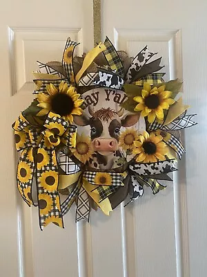 Farmhouse Cow Wreath With Sunflowers • $40