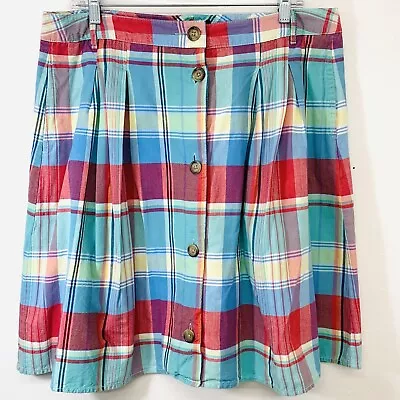 Lands End Madra Plaid Skirt 14 Button Front Pockets 100% Cotton Knee Length • $23.99