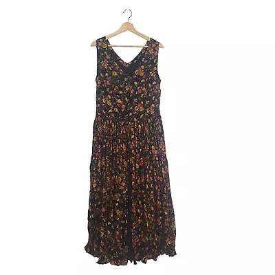 Vintage Indian Size L Floral Cotton Voile Layered Button Down Bodice Gypsy Dress • $49.95