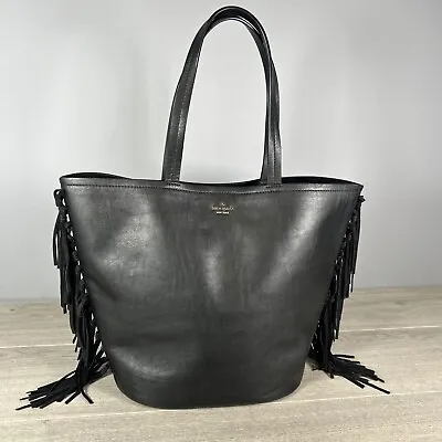 £59.99 • Buy Kate Spade Black Leather Tote Bucket Large Bag With Fringe