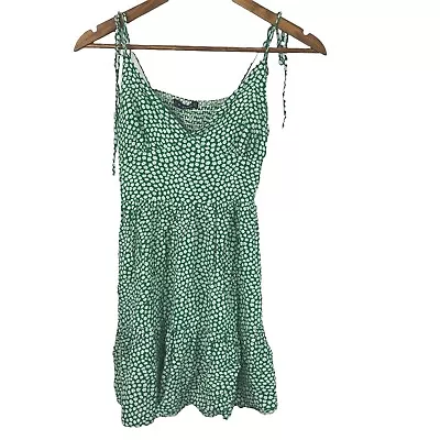 Green Floral Ruffle Dress Flowy Smocked Tie Straps Beach Sundress Size 6 • $14.88