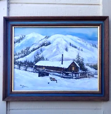 Mountain Cabin Landscape W/ Kitty Cat : VTG Oil On Canvas Painting Framed • $89.98
