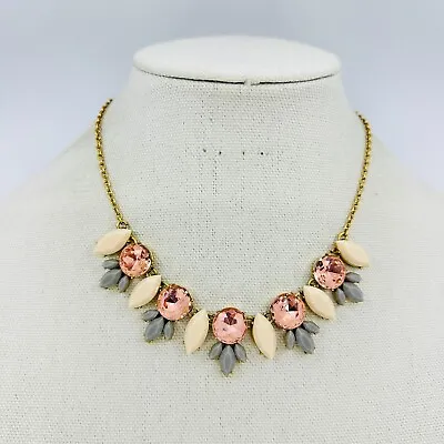 J. Crew Statement Necklace Pink Crystal Cream Gray Acrylic Flower Petal Jewelry • $34.95