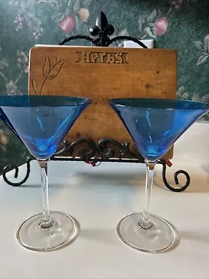 Vera Wang Crystal Wedgwood Martini Glass Sapphire BlueClear Stem Set Of 2 • $74.99