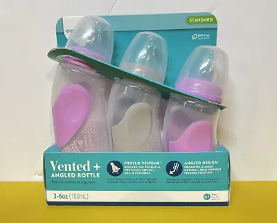 Evenflo Advanced + Angled & Vented 3 Bottles - Pink And Grey (3-6 Oz) Feeding • $24.95