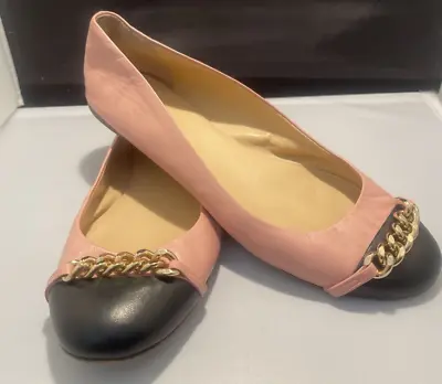 J.Crew Nora Cap Toe Chain Italian Leather Ballet Flats Baby Pink Black Sz 8 1/2 • $30