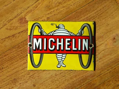 VINTAGE MICHELIN PORCELAIN SIGN ~4-3/4  X 3-1/2  TIRES OIL BICYCLE BIBENDUM TYRE • $55