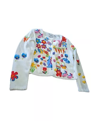 Michael Simon Easter Cardigan Sweater Womens (M) White Bunny Rabbit Floral Knit  • $189.99