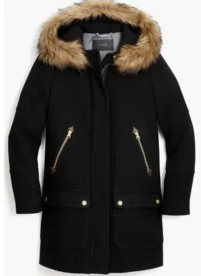 J.Crew Jacket Women 00 Black Chateau Parka Stadium-Cloth Wool Faux Fur Hood • $46.65