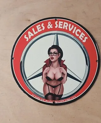 Mercedes Sales & Services Beach Babe Pinup Garage Service Porcelain Enamel Sign • $120