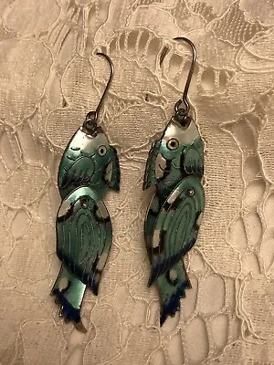 Vintage Chinese Enamel On Sterling Silver Fish Dangle Drop Earrings Articulated • $68