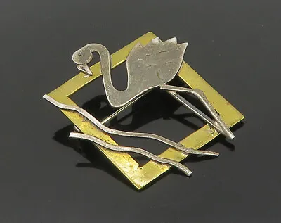 925 Sterling Silver - Vintage Two Tone Flamingo Open Square Brooch Pin - BP7423 • $41.55