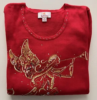 Quacker Factory Red Christmas Sweater With Gold Sequin Embroidered Bugling Angel • $18