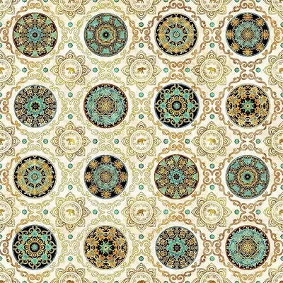 Cotton Quilting Fabric - Dan Morris Caravan Medallions Beige  - Half Yd • $12.99