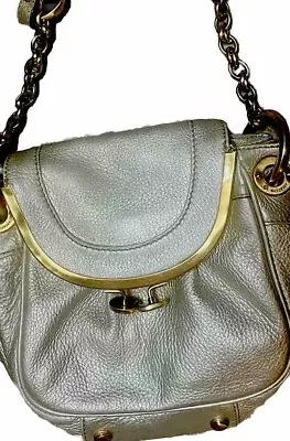 B. Makowsky Small Hobo Bag Purse Metallic Gray Pewter Leather Kiss Snap Chain • £25.74