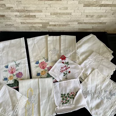 Lot Of 12 - Vintage Embroidered And Lace Linens Lot • $15