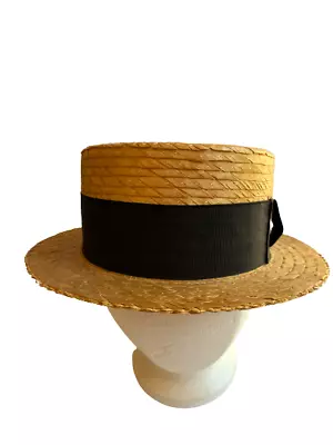 Whitehall Mens Hat Boater Skimmer Straw Black Ribbon Natural Antique Vintage • $54.99