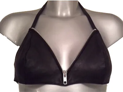Temptations PVC Black Bra Size Small Faux Leather Look With Zip Up Front Halter • £6.99