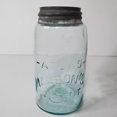 Vintage Atlas Mason's Patent Jar Clear Light Blue Tint Glass With Metal Lid  • $21.99