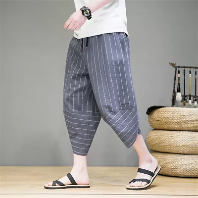 $31.99 • Buy Mens Baggy Harem Pants Drawstring Linen Casual Yoga Beach Cropped Pants